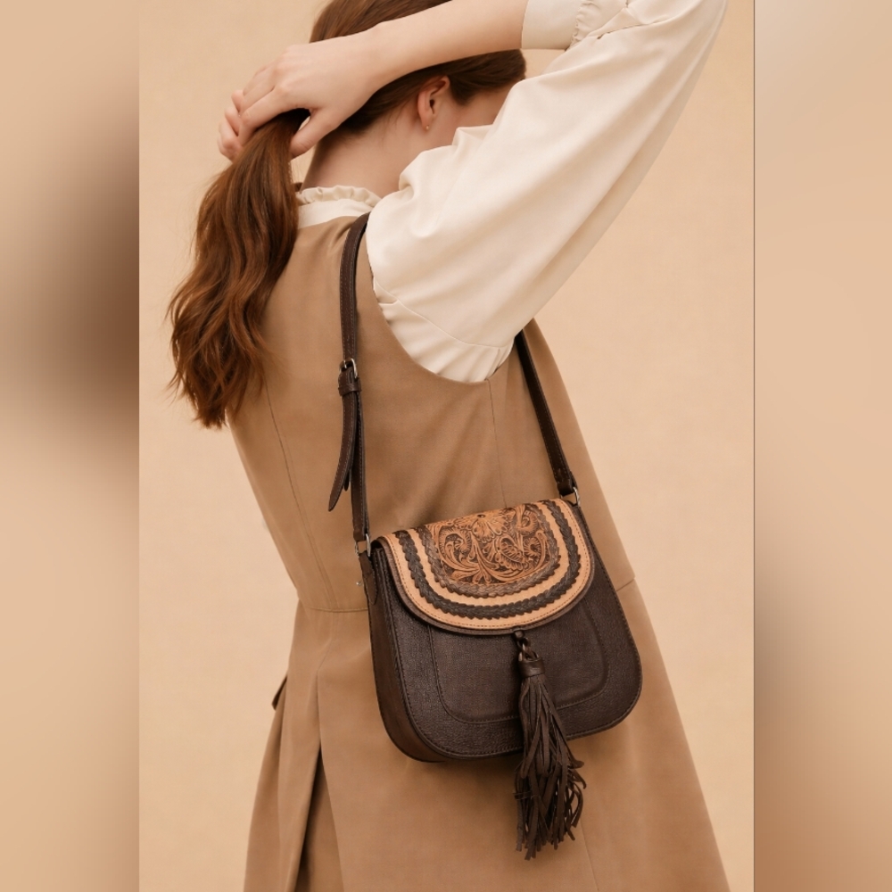 Brown Leather Embroidered Crossbody Bag
